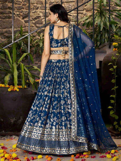 Dove Blue Jacquard Lehenga With Zari Sequins Embroidery Work