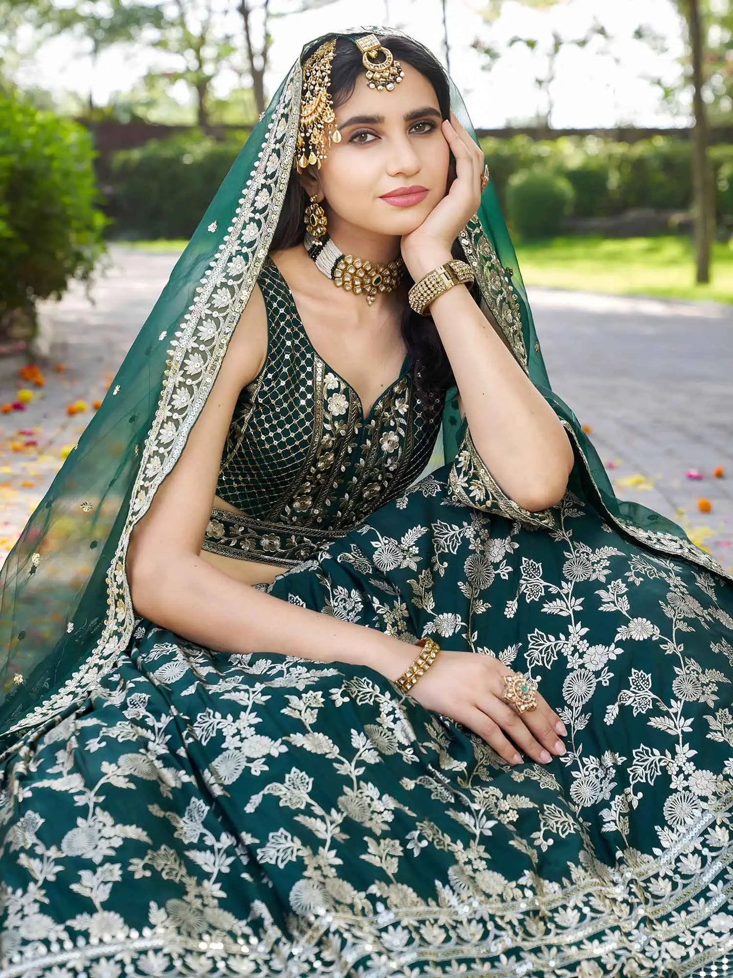 Designer Green Jacquard Lehenga With Zari Sequins Embroidery Work