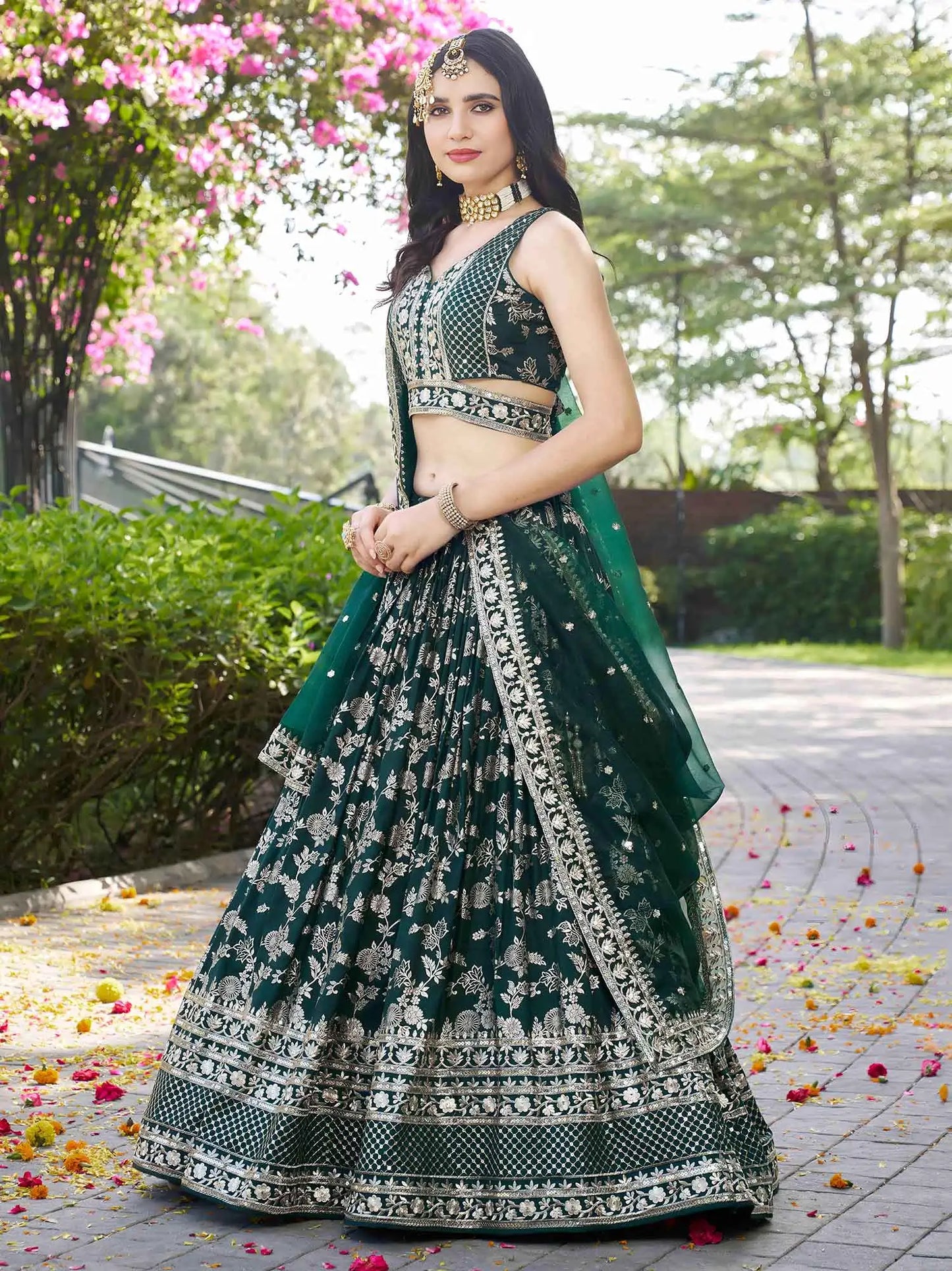 Designer Green Jacquard Lehenga With Zari Sequins Embroidery Work