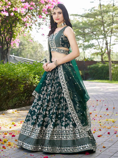 Designer Green Jacquard Lehenga With Zari Sequins Embroidery Work