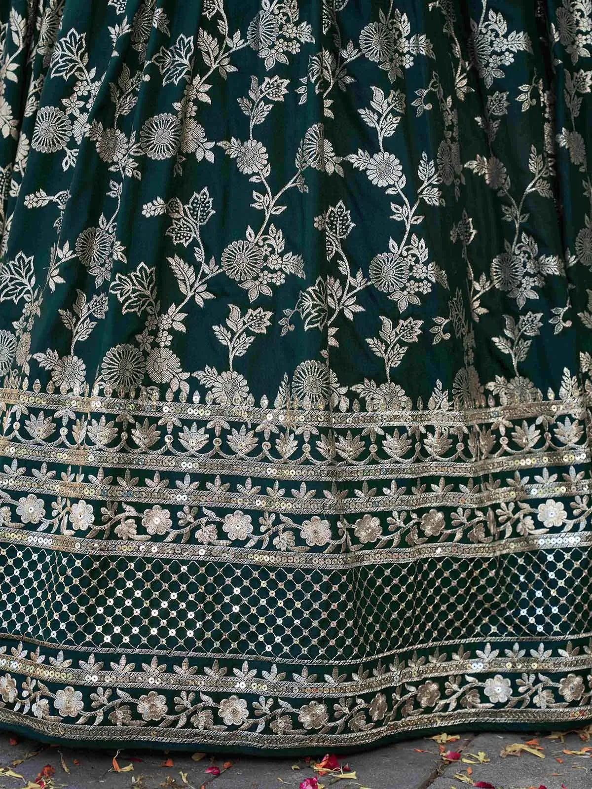 Designer Green Jacquard Lehenga With Zari Sequins Embroidery Work