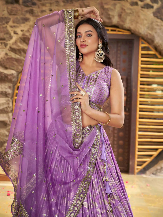 Lavender Jacquard Designer Lehenga With Zari Sequins Embroidery Work