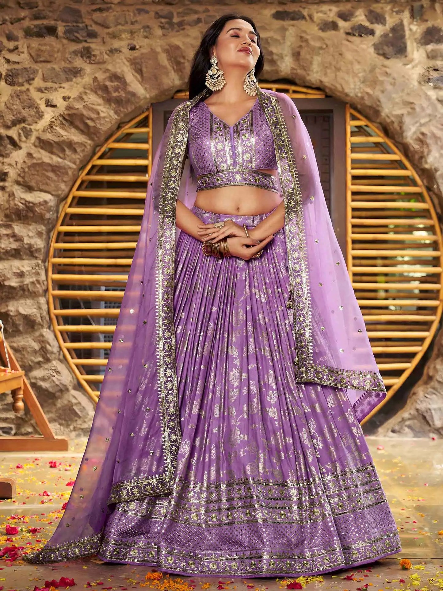 Lavender Jacquard Designer Lehenga With Zari Sequins Embroidery Work