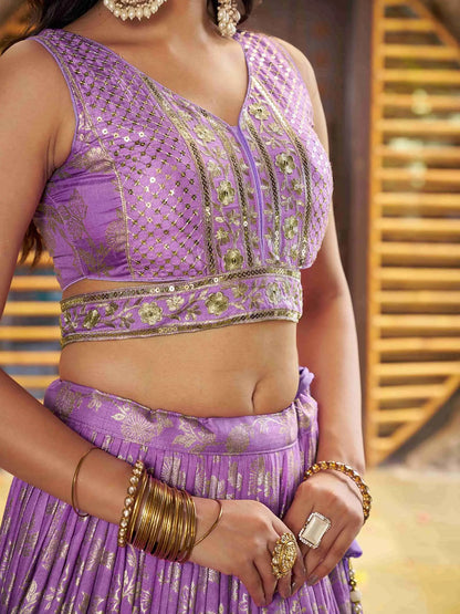 Lavender Jacquard Designer Lehenga With Zari Sequins Embroidery Work