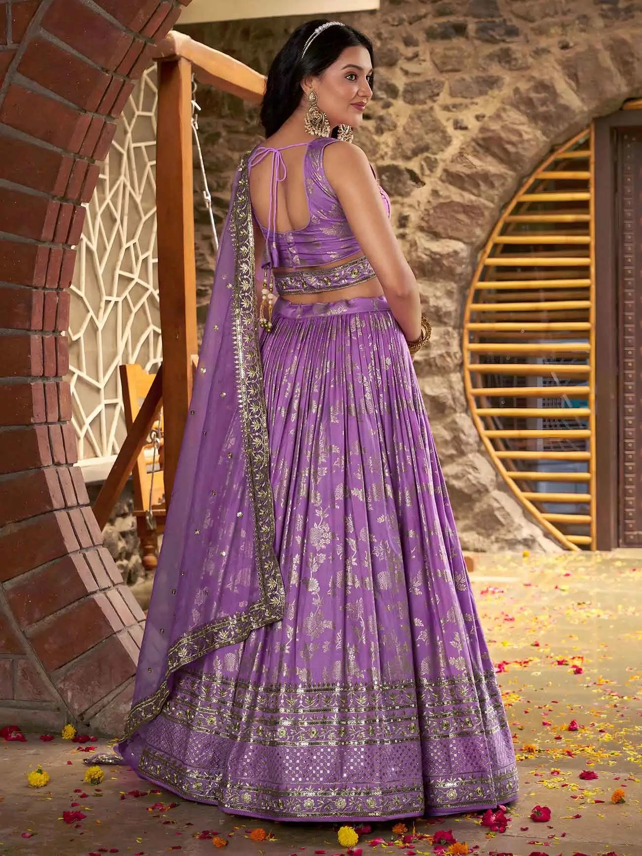 Lavender Jacquard Designer Lehenga With Zari Sequins Embroidery Work