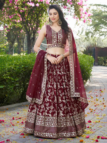 Designer Maroon Jacquard Lehenga With Zari Sequins Embroidery Work