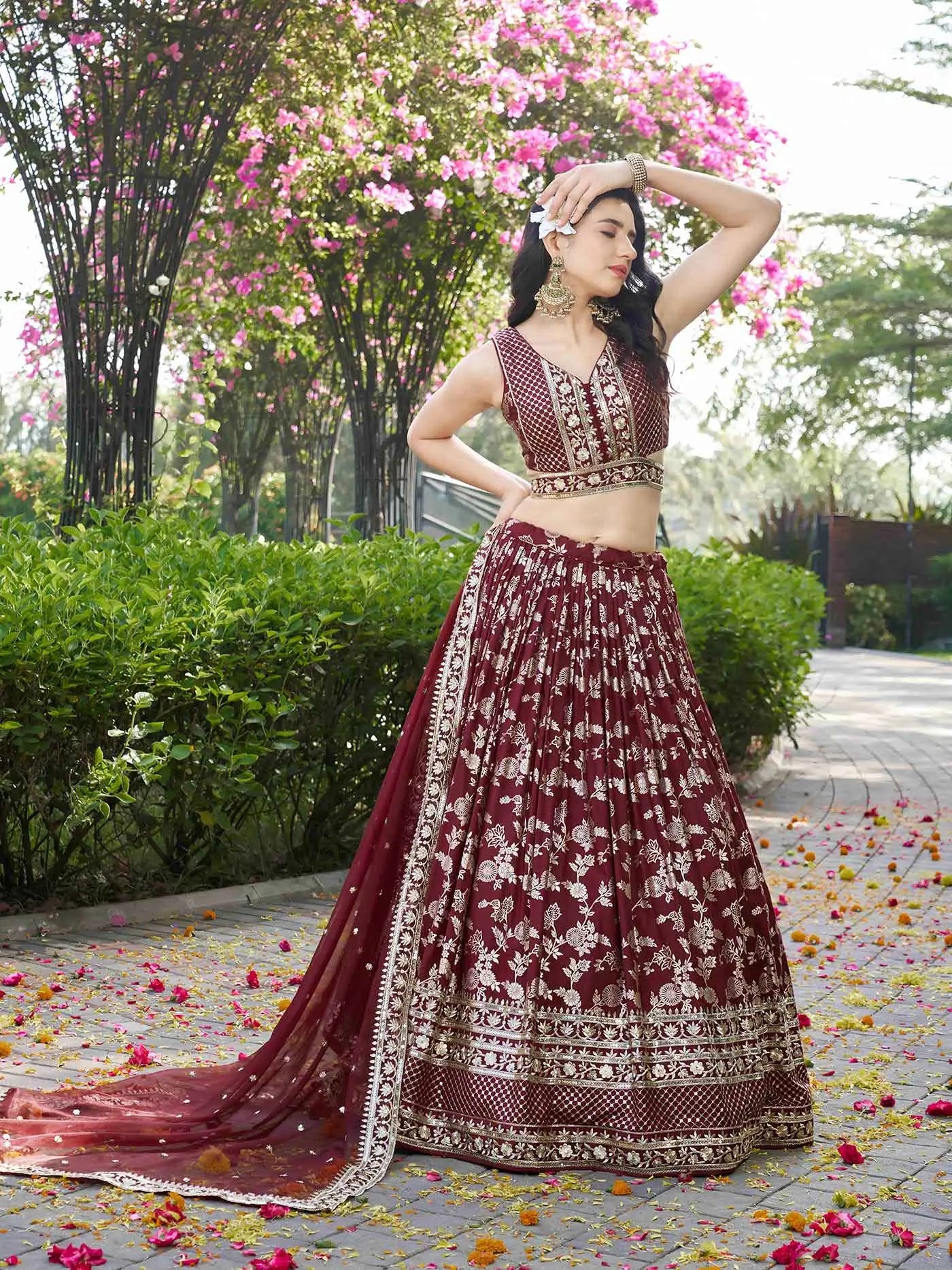 Designer Maroon Jacquard Lehenga With Zari Sequins Embroidery Work