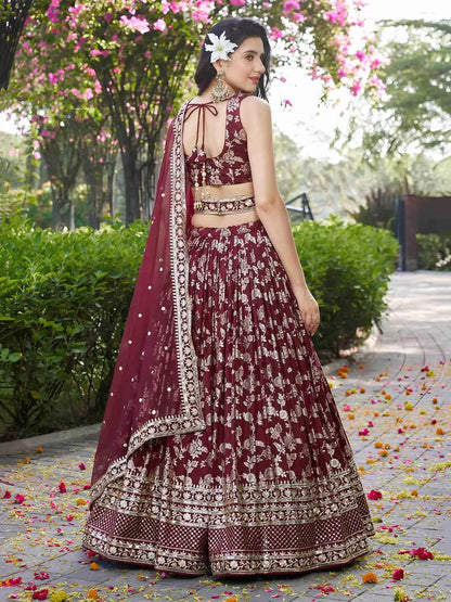 Designer Maroon Jacquard Lehenga With Zari Sequins Embroidery Work