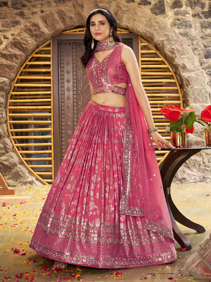 Designer Peach Jacquard Lehenga With Zari Sequins Embroidery Work