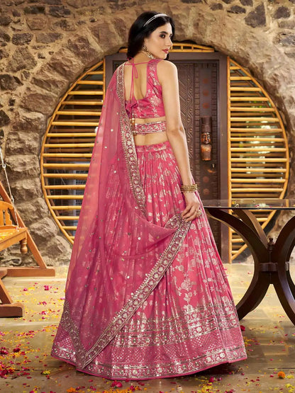 Designer Peach Jacquard Lehenga With Zari Sequins Embroidery Work