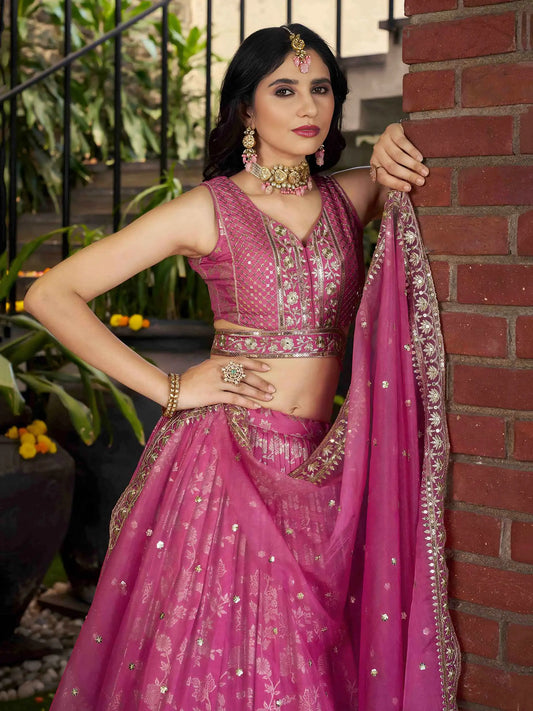 Designer Pink Jacquard Lehenga With Zari Sequins Embroidery Work