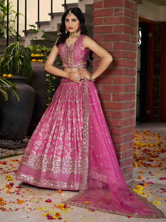 Designer Pink Jacquard Lehenga With Zari Sequins Embroidery Work