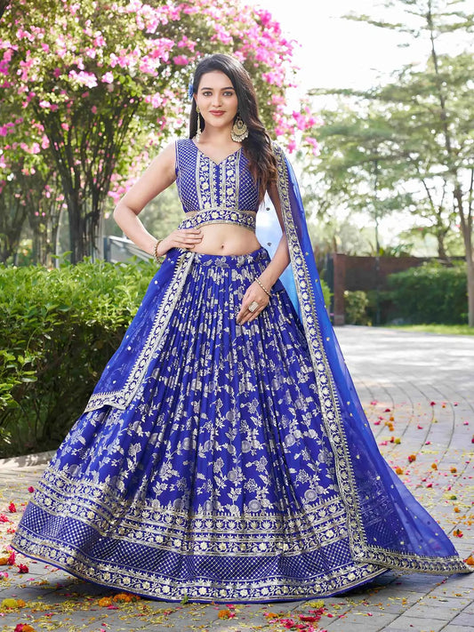 Royal Blue Jacquard Lehenga With Zari Sequins Embroidery Work
