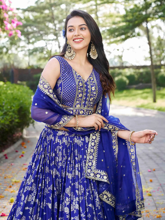 Royal Blue Jacquard Lehenga With Zari Sequins Embroidery Work