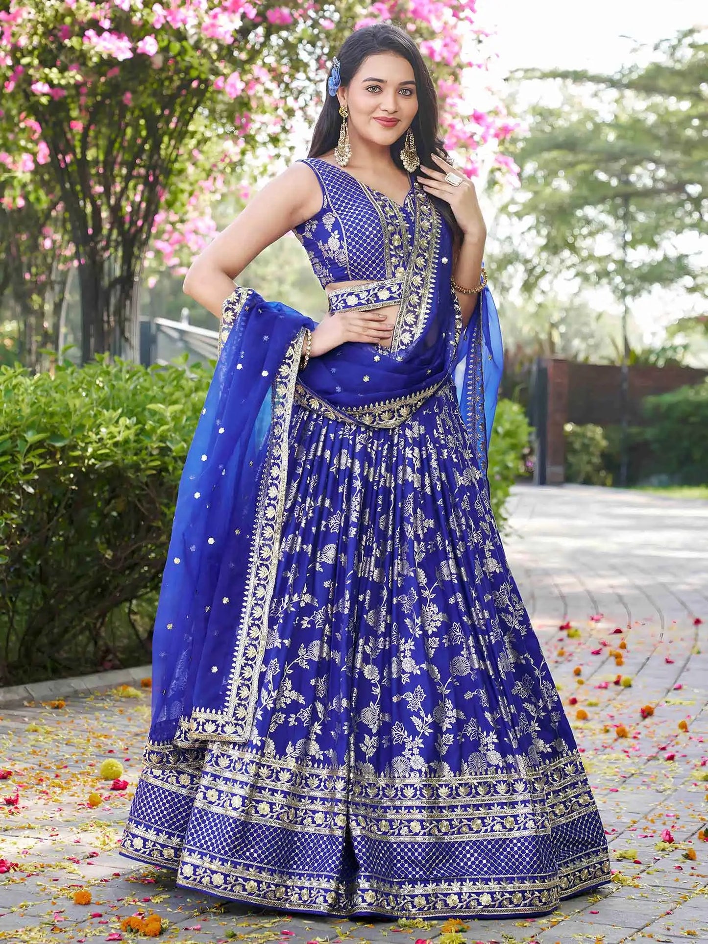Royal Blue Jacquard Lehenga With Zari Sequins Embroidery Work