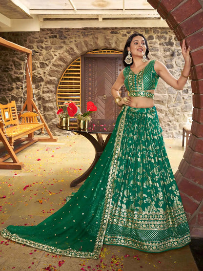 Teal Green Jacquard Lehenga With Zari Sequins Embroidery Work