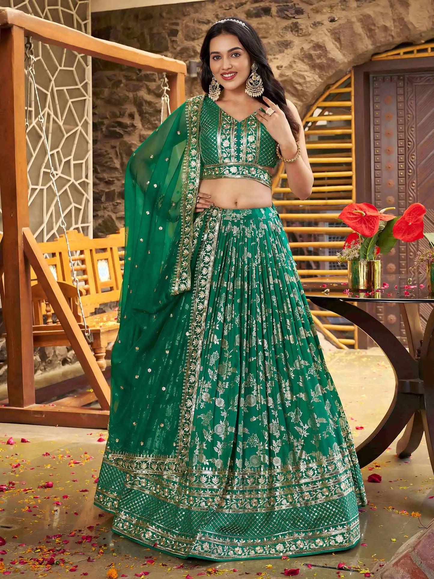 Teal Green Jacquard Lehenga With Zari Sequins Embroidery Work