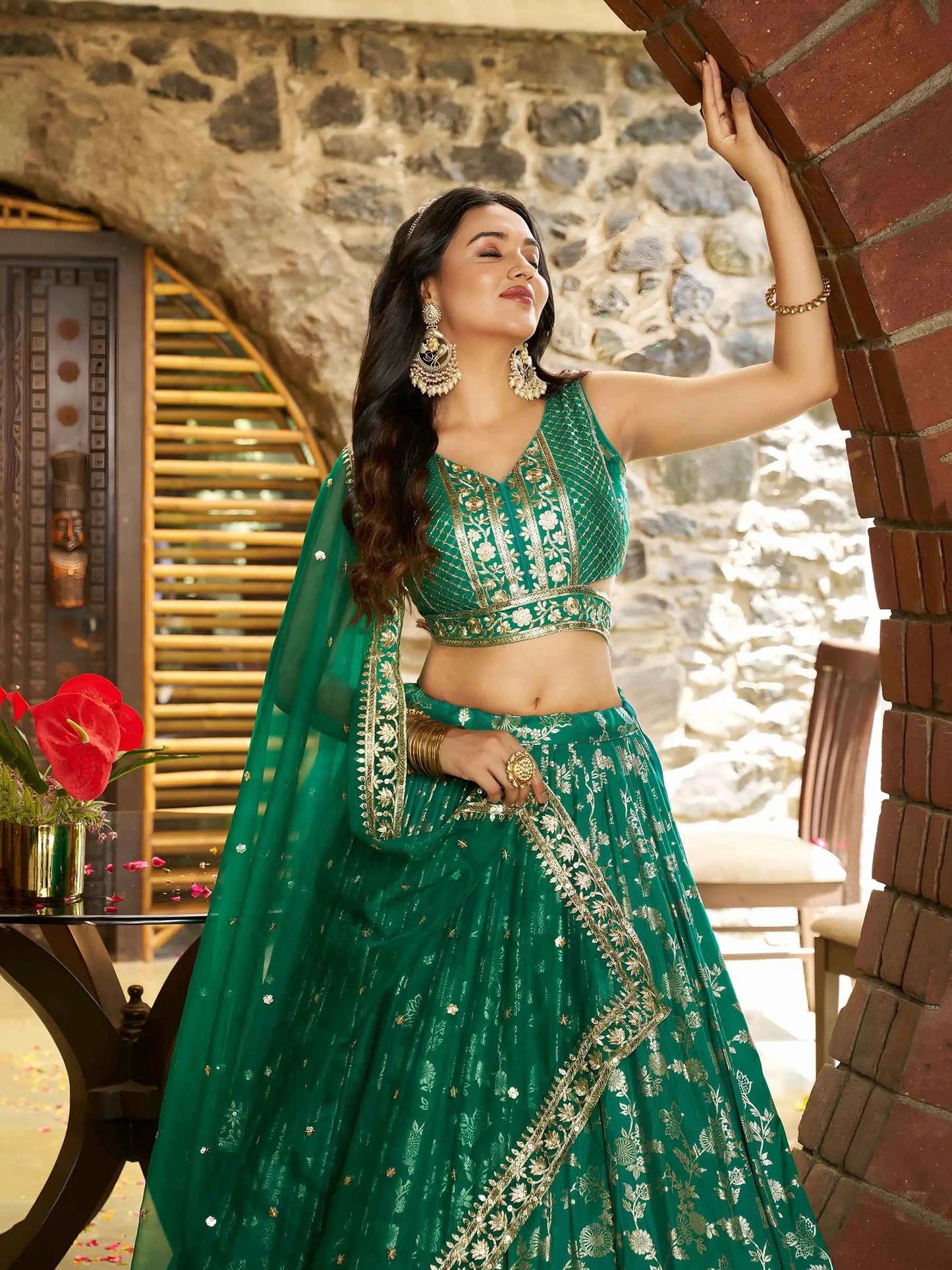 Teal Green Jacquard Lehenga With Zari Sequins Embroidery Work