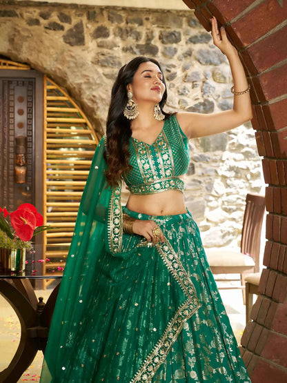 Teal Green Jacquard Lehenga With Zari Sequins Embroidery Work