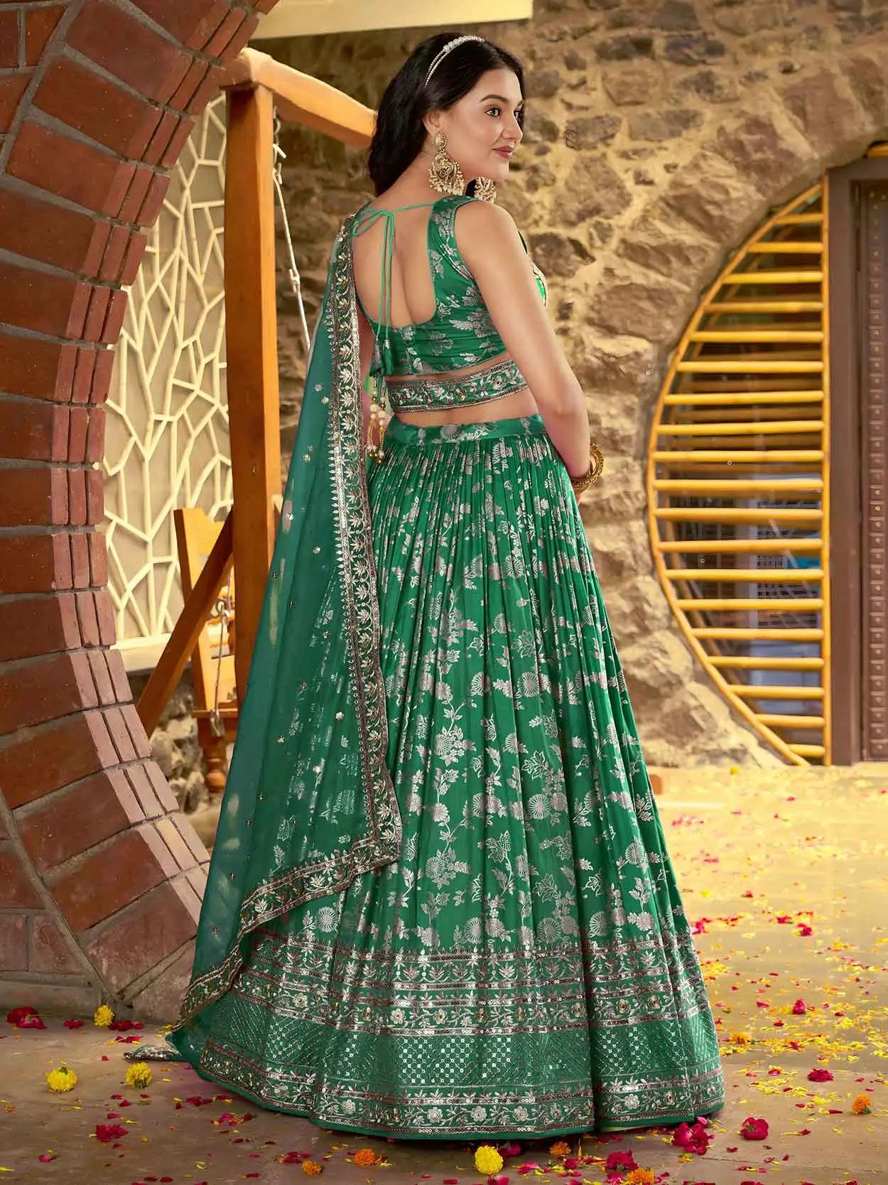 Teal Green Jacquard Lehenga With Zari Sequins Embroidery Work