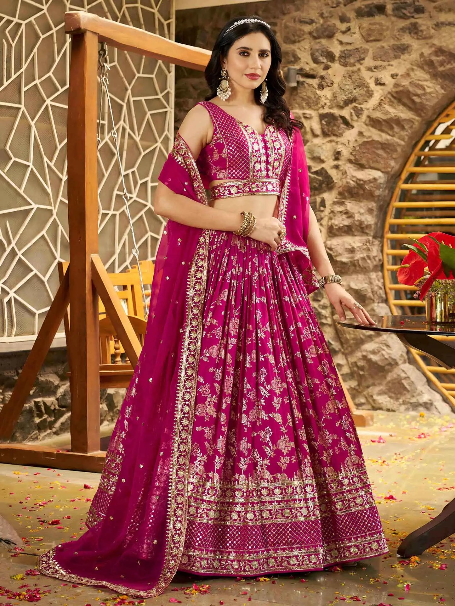 Rani Pink Jacquard Lehenga With Zari Sequins Embroidery Work