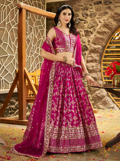 Rani Pink Jacquard Lehenga With Zari Sequins Embroidery Work