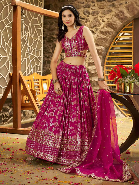 Rani Pink Jacquard Lehenga With Zari Sequins Embroidery Work
