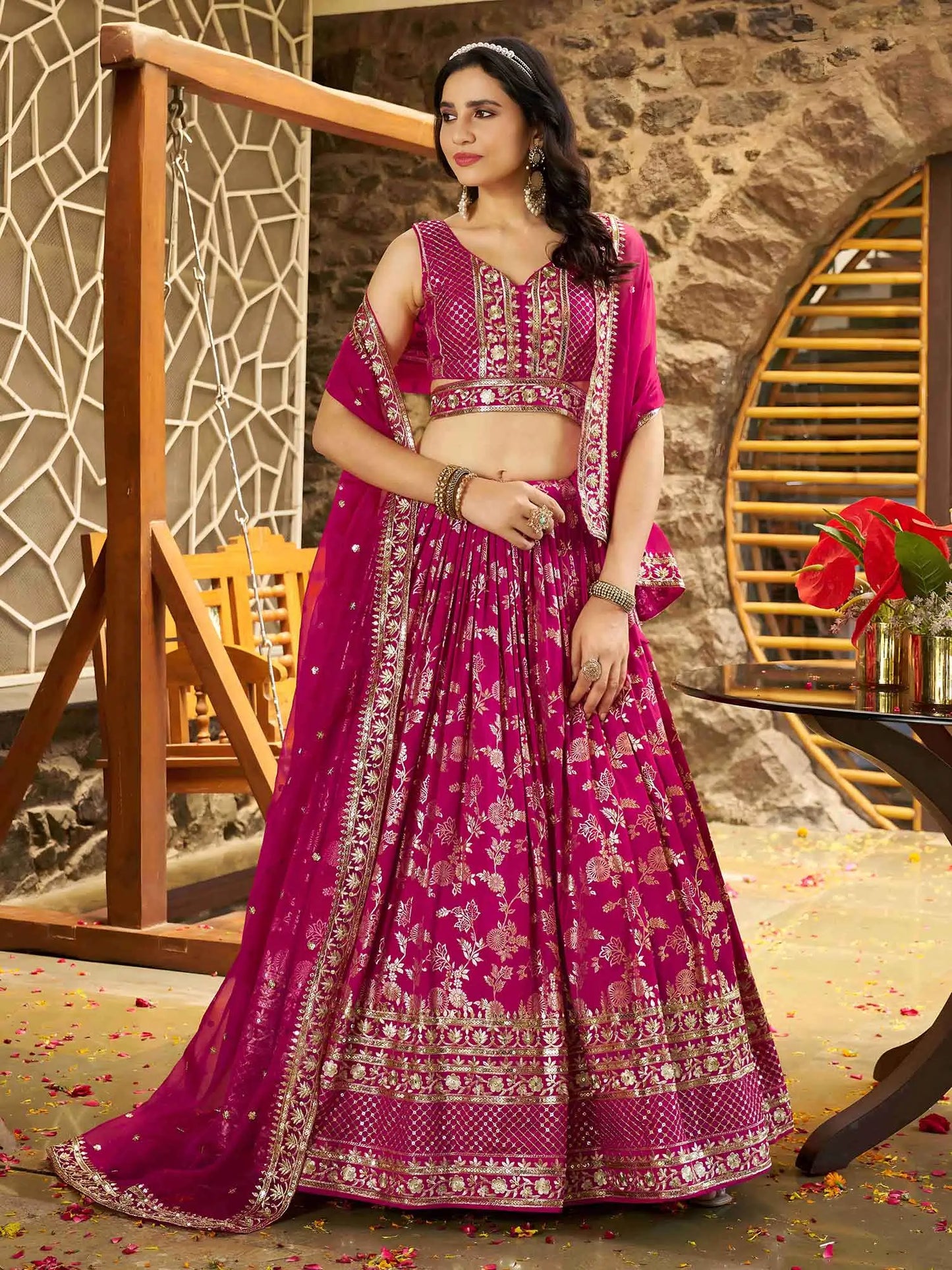Rani Pink Jacquard Lehenga With Zari Sequins Embroidery Work