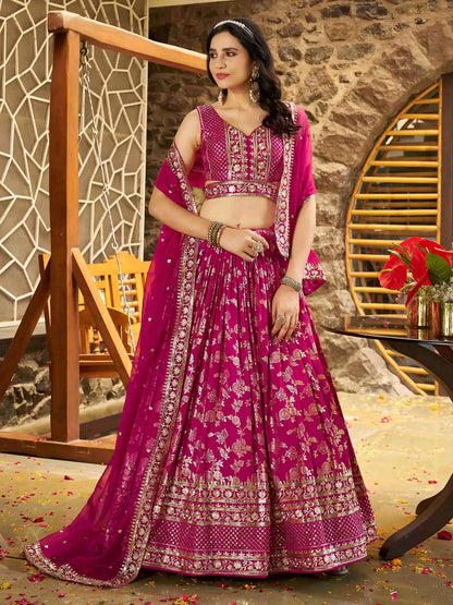 Rani Pink Jacquard Lehenga With Zari Sequins Embroidery Work