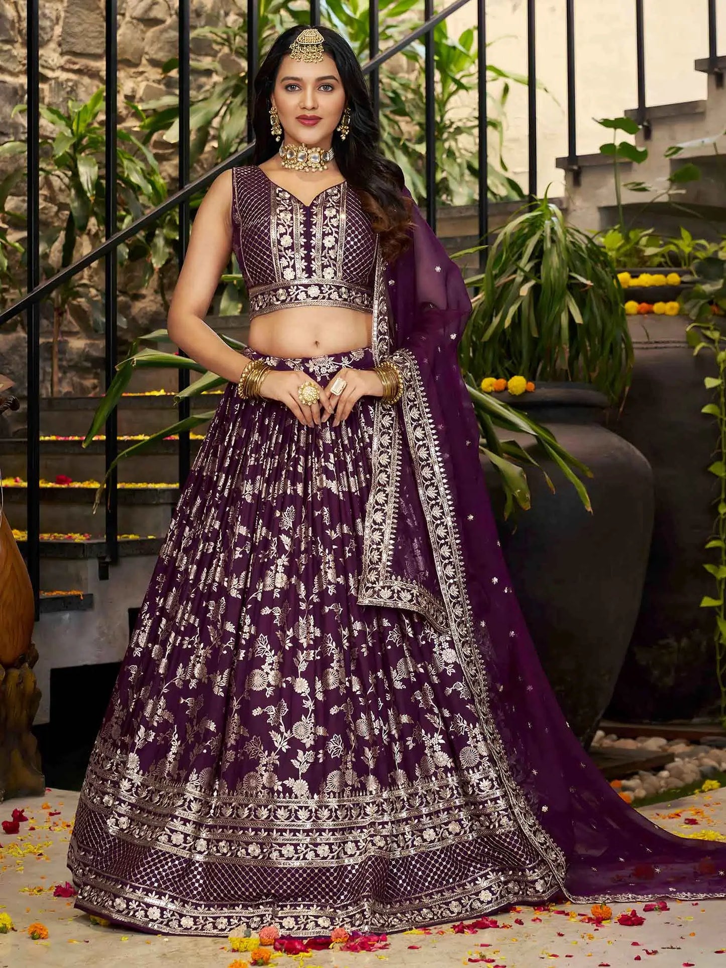 Designer Wine Jacquard Lehenga With Zari Sequins Embroidery Work