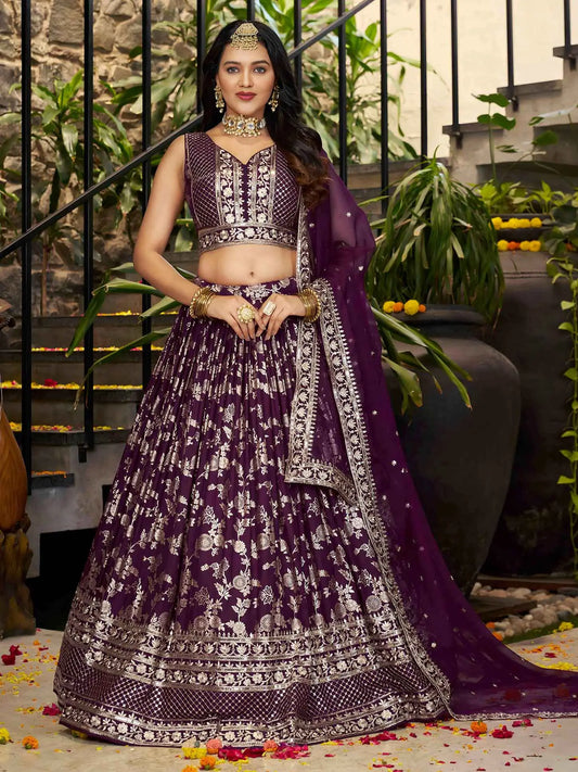 Designer Wine Jacquard Lehenga With Zari Sequins Embroidery Work