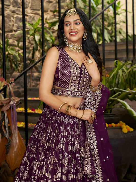 Designer Wine Jacquard Lehenga With Zari Sequins Embroidery Work