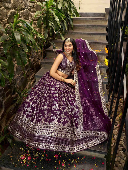 Designer Wine Jacquard Lehenga With Zari Sequins Embroidery Work