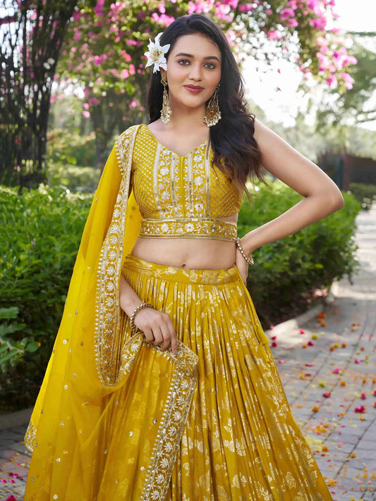 Yellow Jacquard Designer Lehenga With Zari Sequins Embroidery Work