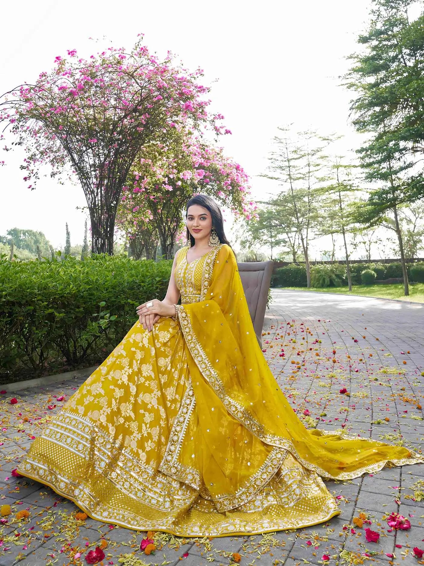 Yellow Jacquard Designer Lehenga With Zari Sequins Embroidery Work