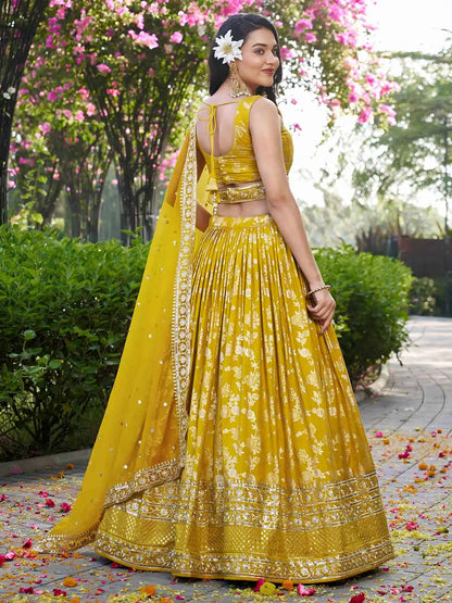 Yellow Jacquard Designer Lehenga With Zari Sequins Embroidery Work