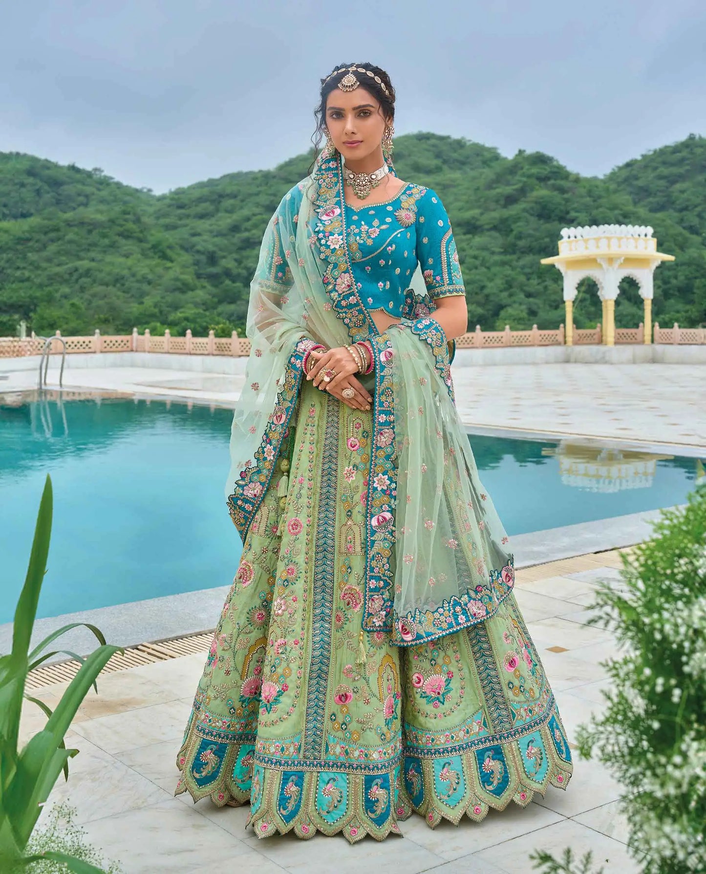 Olivine Green Bridal Lehenga With Heavy Embroidery & Cutwork