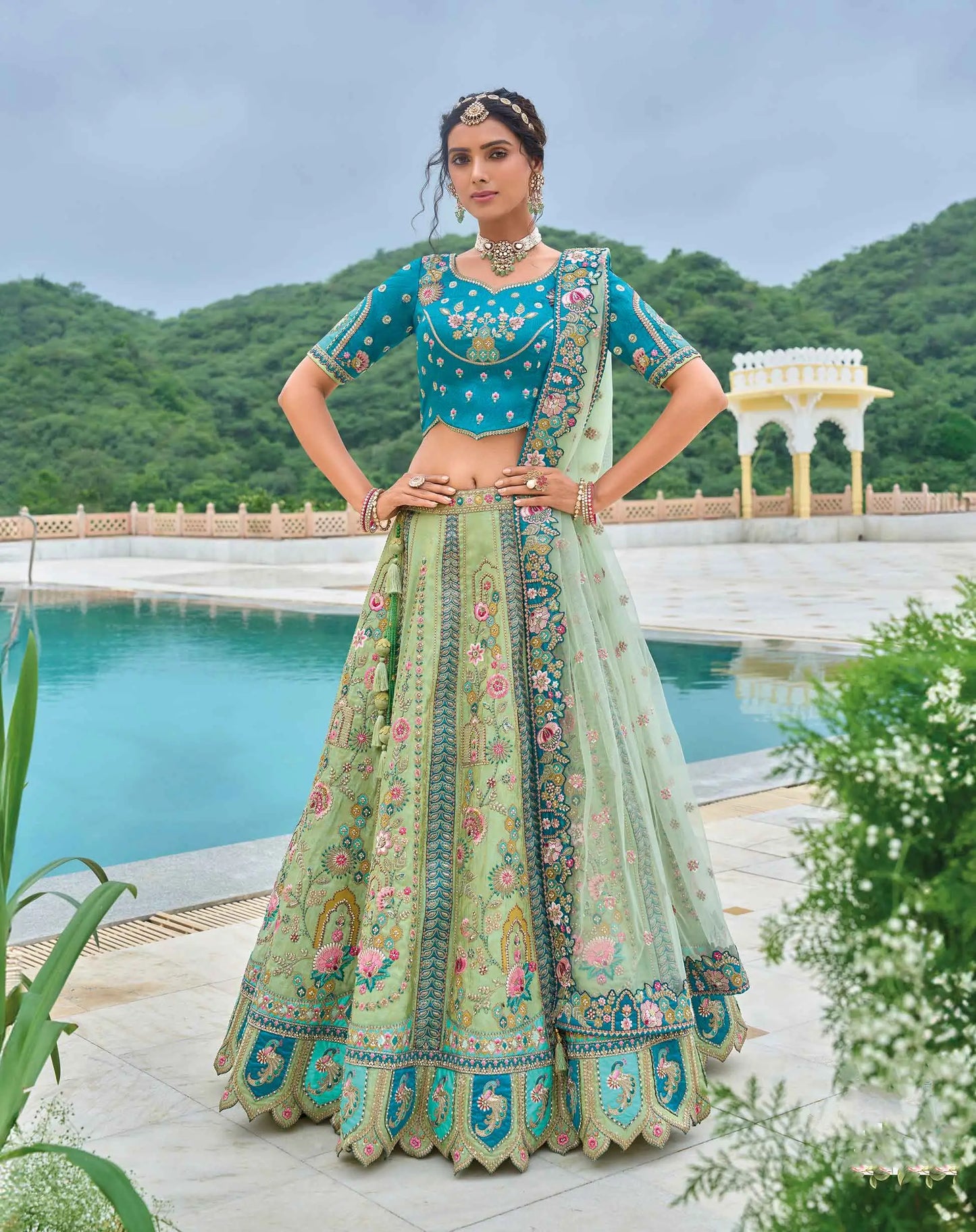 Olivine Green Bridal Lehenga With Heavy Embroidery & Cutwork