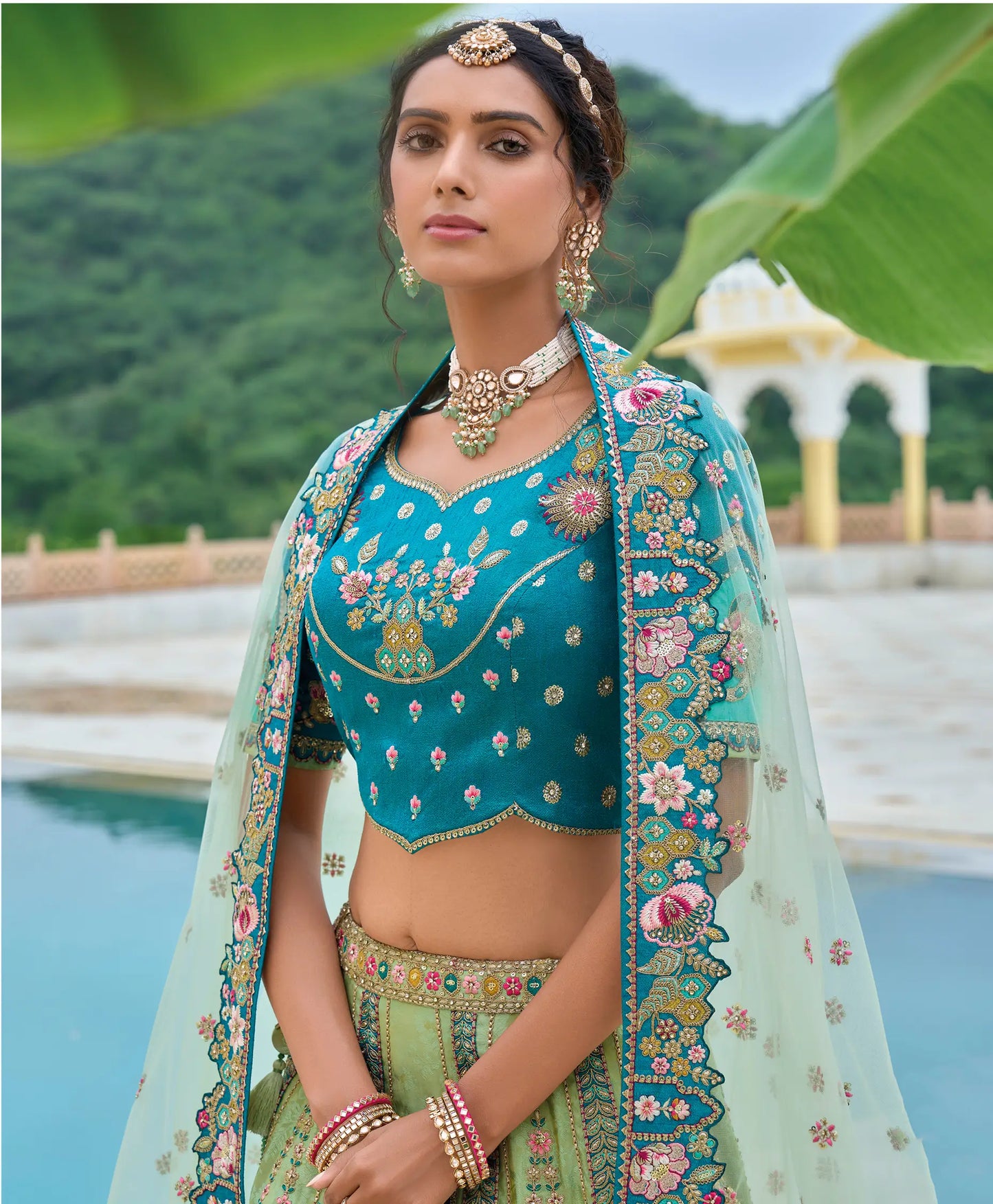 Olivine Green Bridal Lehenga With Heavy Embroidery & Cutwork