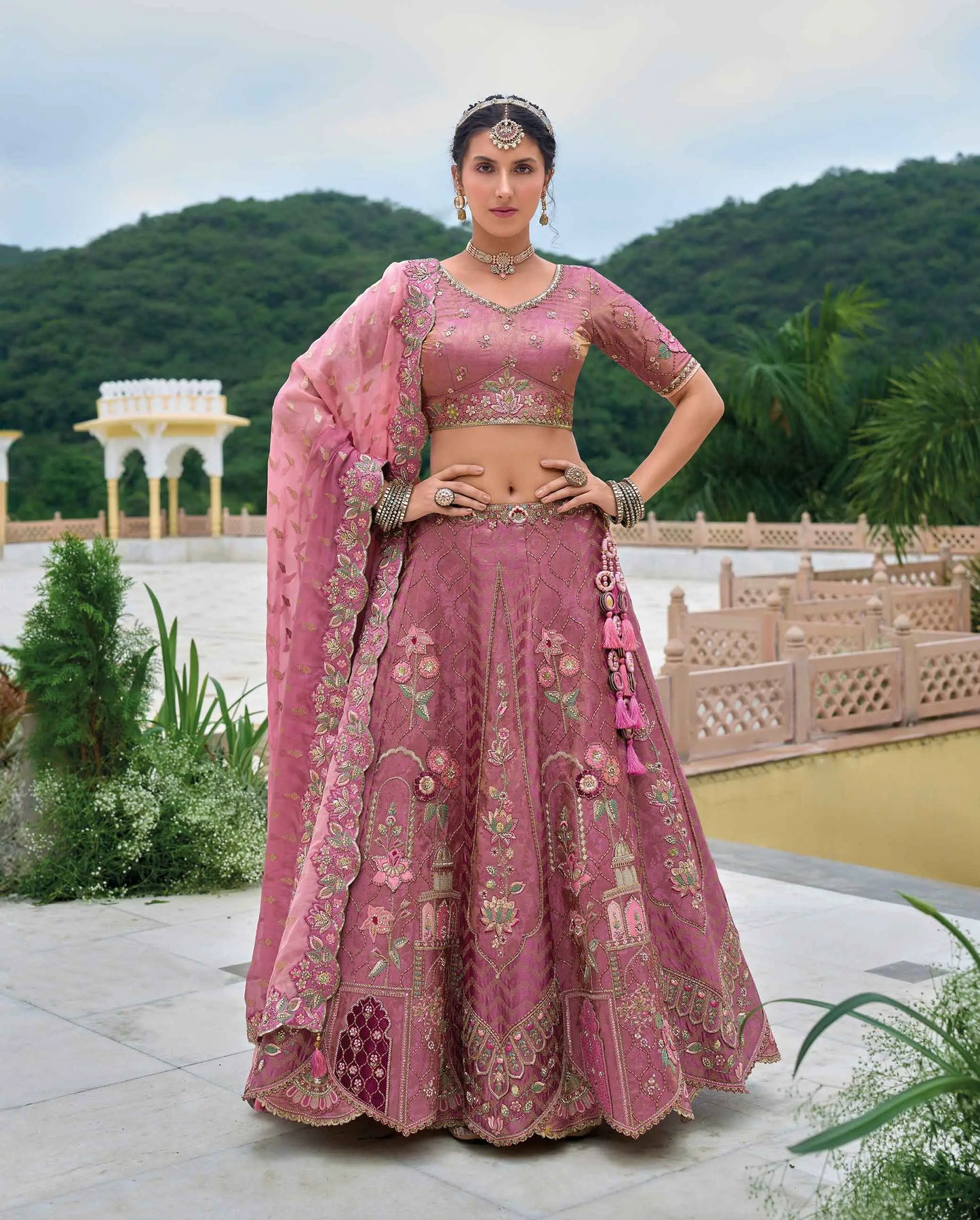Dusky Rose Bridal Lehenga With Heavy Embroidery & Cutwork