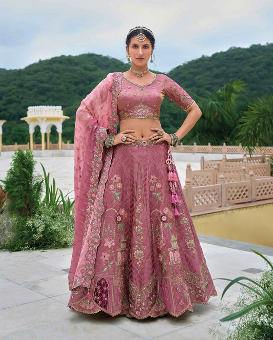Dusky Rose Bridal Lehenga With Heavy Embroidery & Cutwork