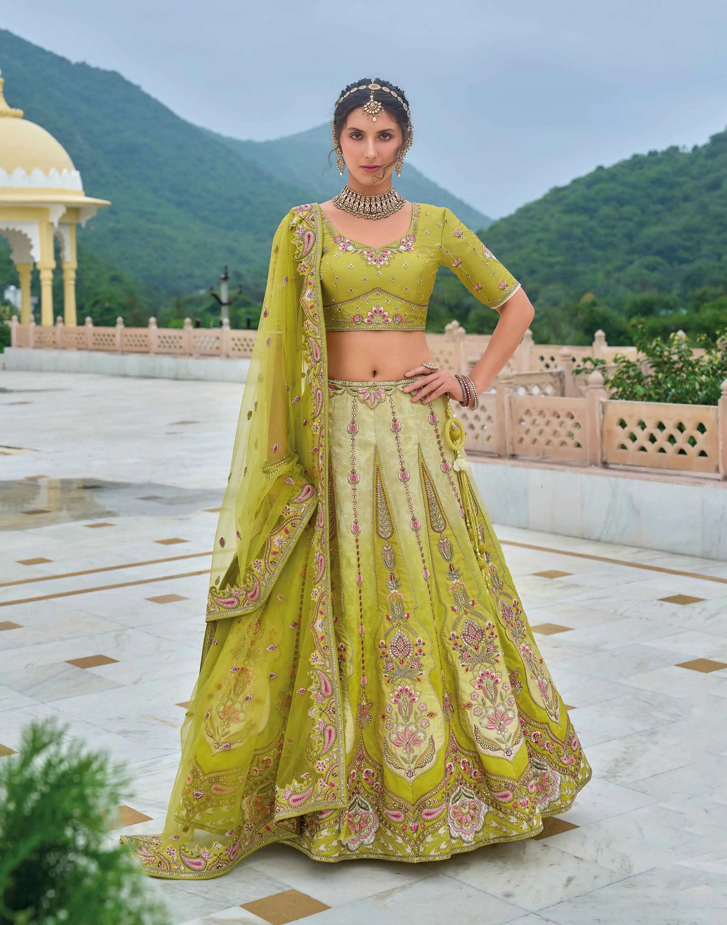 Brass Green Bridal Lehenga With Heavy Embroidery Work