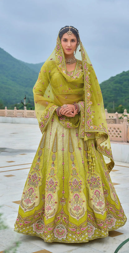 Brass Green Bridal Lehenga With Heavy Embroidery Work