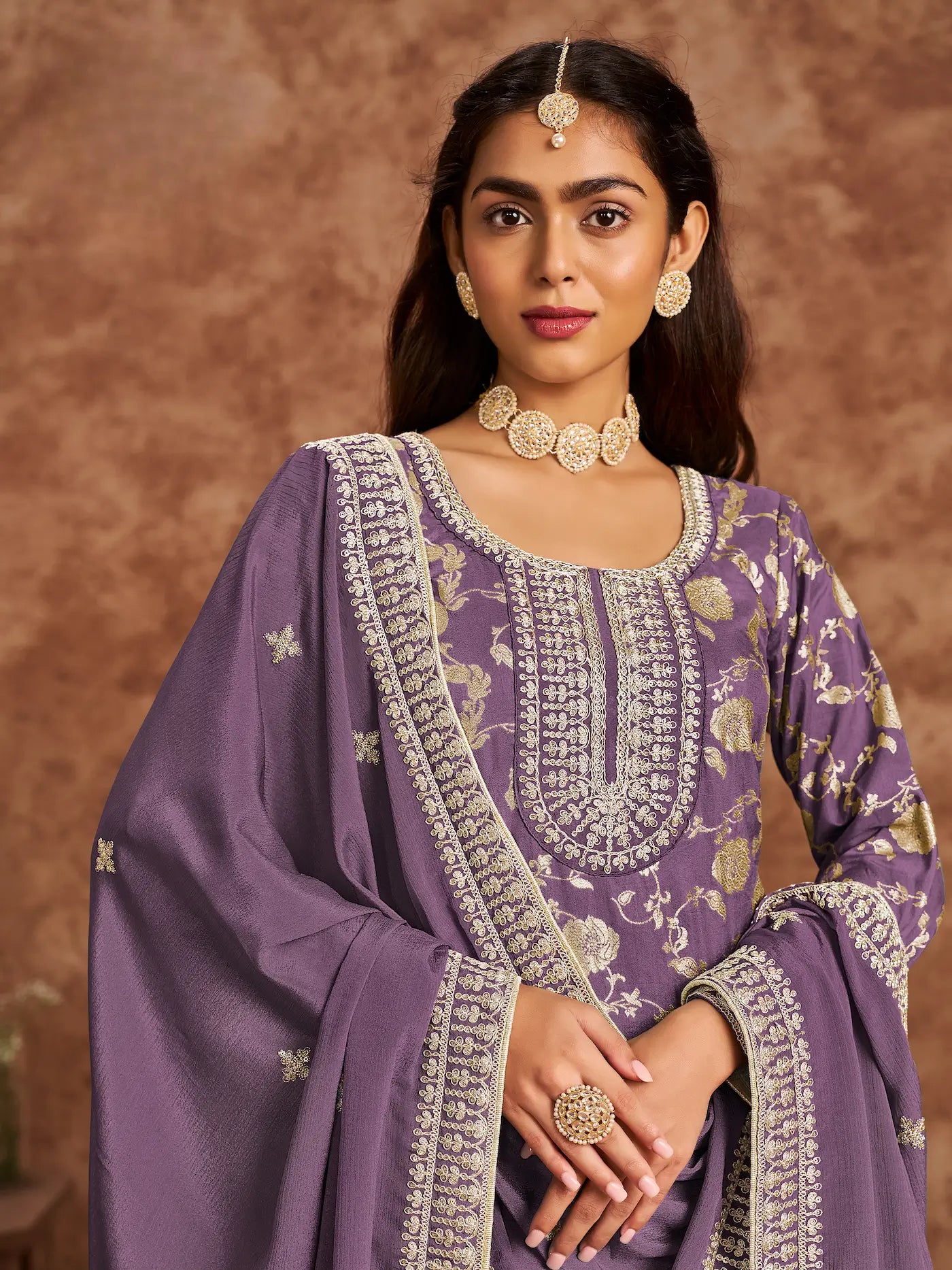 Purple Dola Silk Palazzo Salwar Suit With Thread & Sequins Embroidery Work