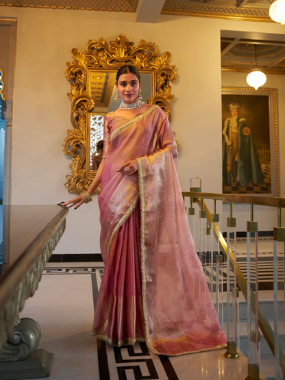 Light Pink Shimmer Tissue Saree With Zari Weaving Work & Sequins Lace Border
