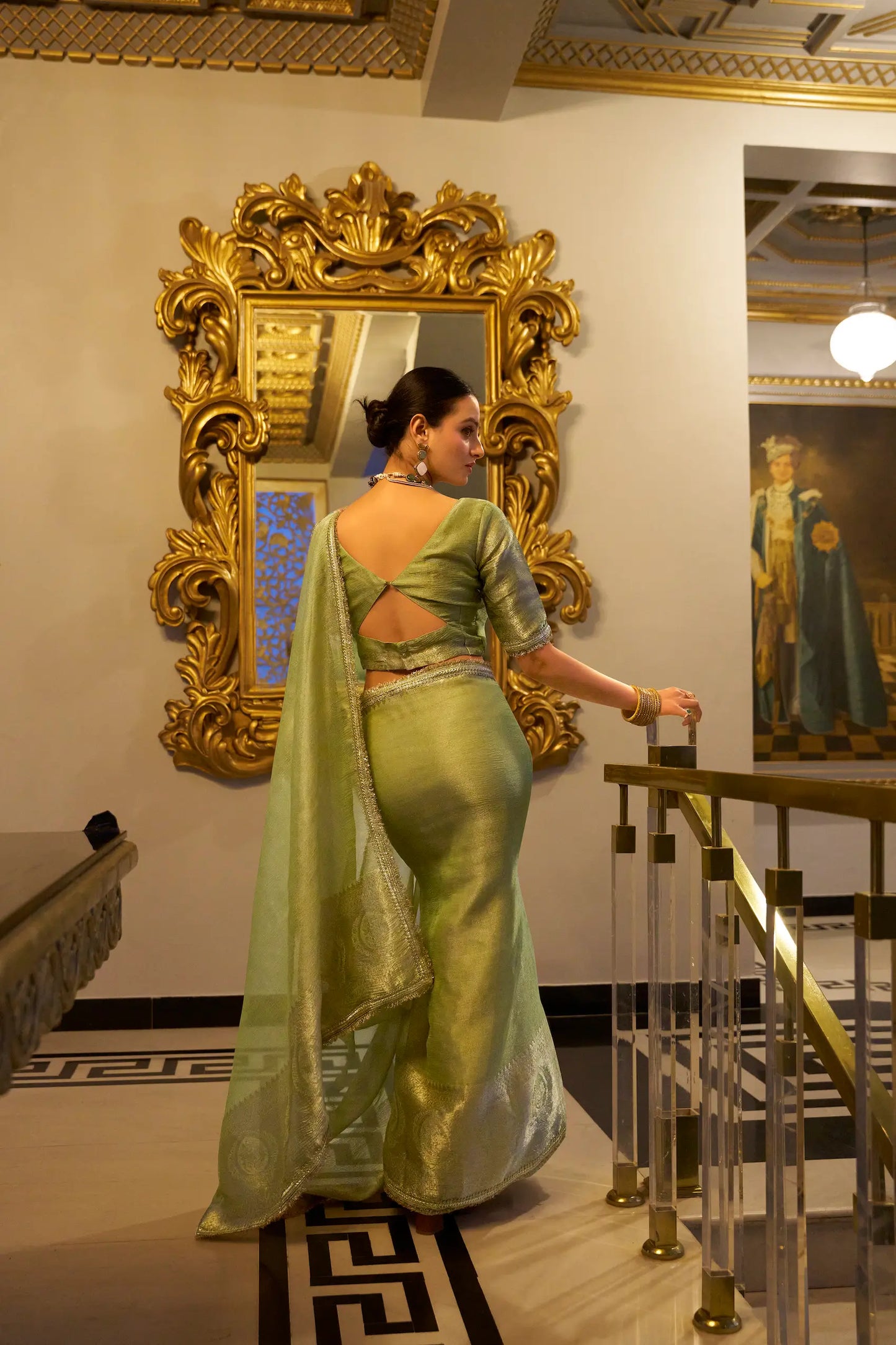 Pista Green Shimmer Tissue Saree With Zari Weaving Work & Sequins Lace Border