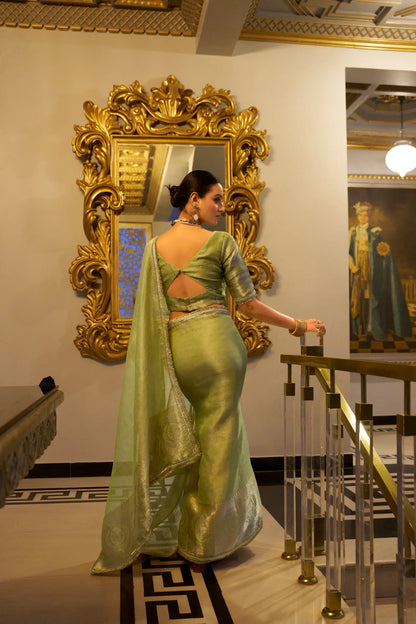 Pista Green Shimmer Tissue Saree With Zari Weaving Work & Sequins Lace Border