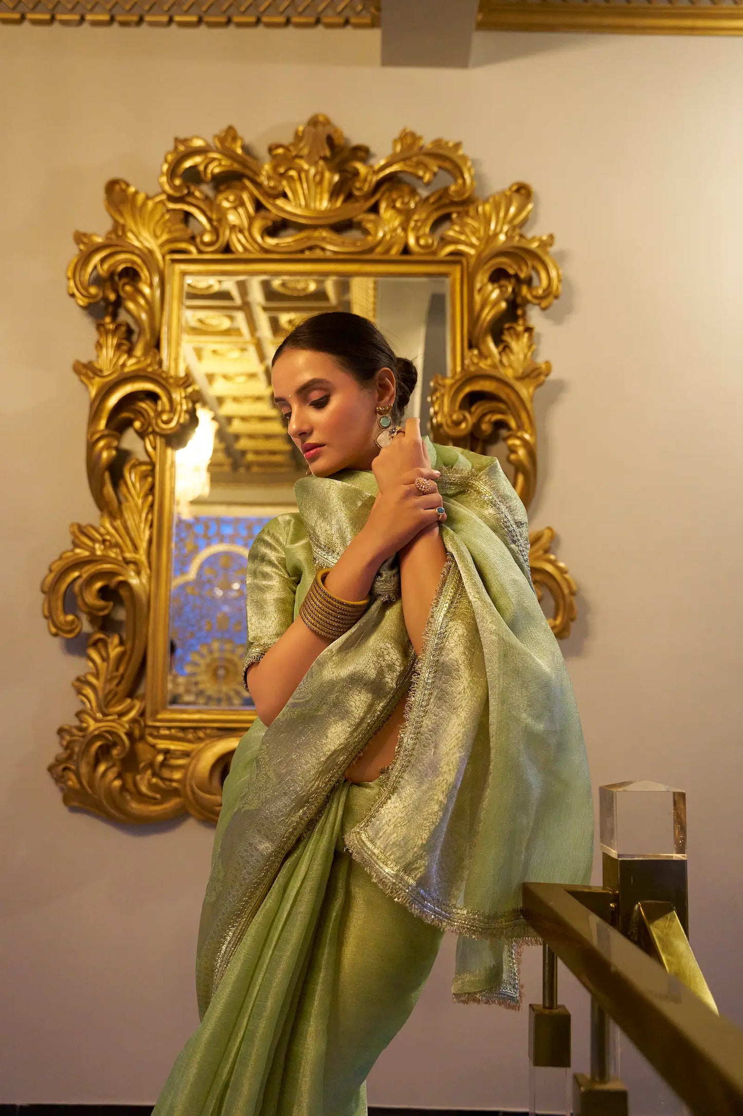 Pista Green Shimmer Tissue Saree With Zari Weaving Work & Sequins Lace Border