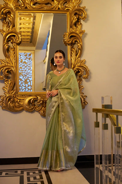 Pista Green Shimmer Tissue Saree With Zari Weaving Work & Sequins Lace Border