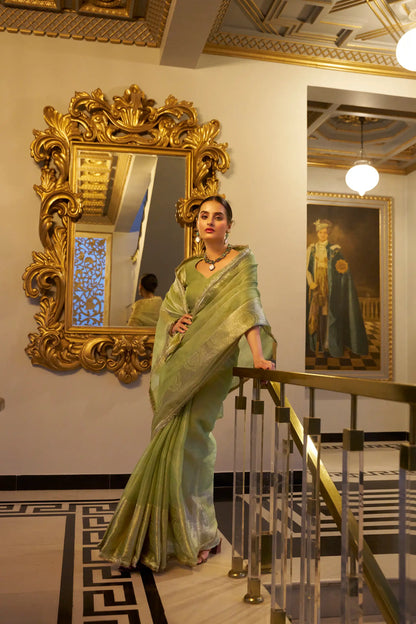 Pista Green Shimmer Tissue Saree With Zari Weaving Work & Sequins Lace Border